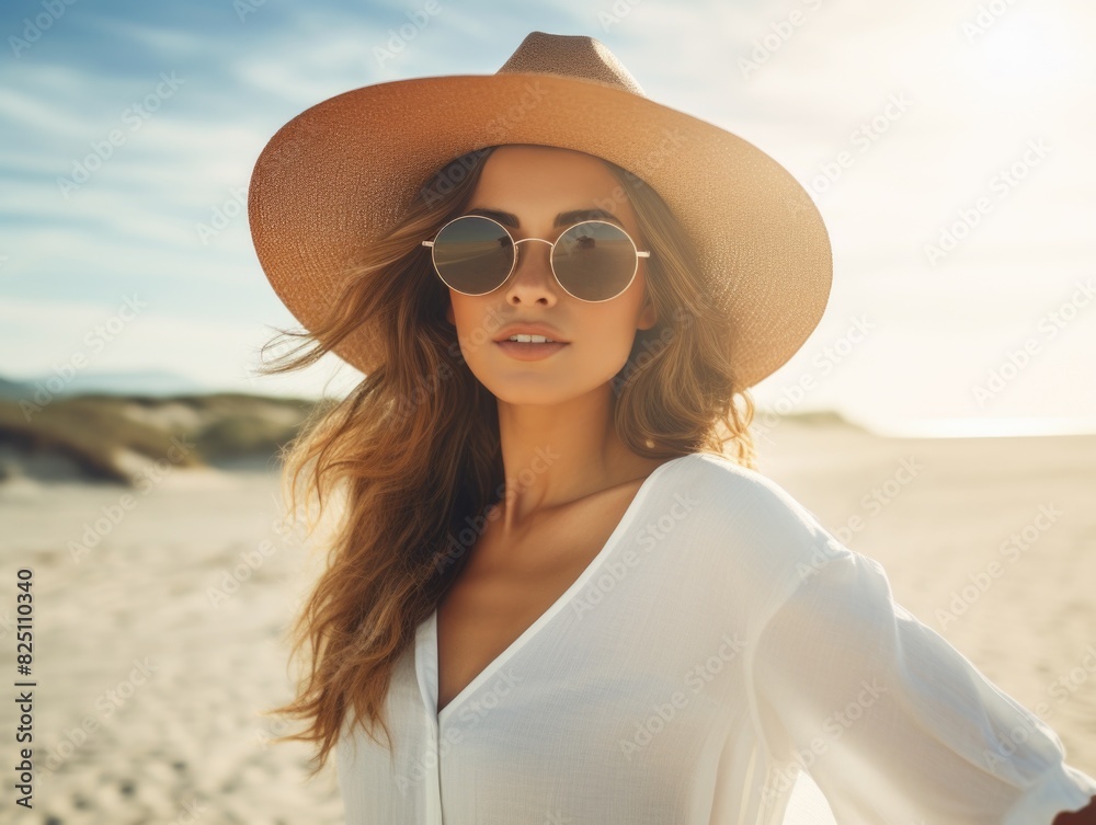 A woman wearing a straw hat and sunglasses is standing on a beach. She is smiling and looking at the camera A woman wearing a straw hat and sunglasses is standing on a beach. She is smiling and looking at the camera