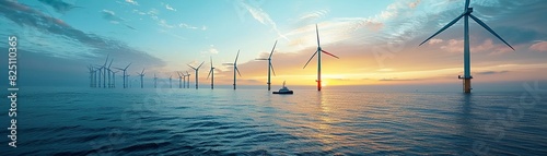 A series of offshore wind turbines in the ocean, with boats and equipment used for maintenance, illustrating the expansion of renewable energy sources in marine environments