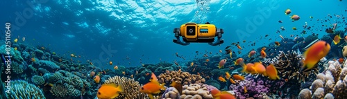 Marine Conservation Technology Underwater robots or drones monitoring coral reefs or fish populations, with screens showing realtime data and analysis on marine ecosystem health