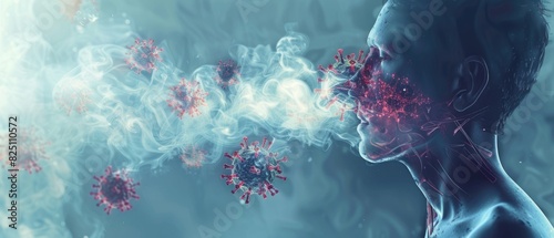 Respiratory system invaded by flu viruses, spreading illness selective focus, virus replication, surreal, Overlay, airways illustration photo