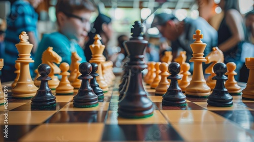 Chess tournament, kids and adults participate in chess match game outdoors in indoor hall, players of all ages play, competition in chess school club with chessboards on a table. Generative AI