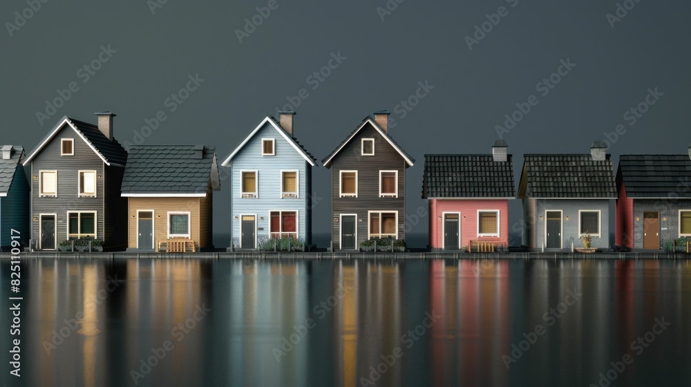 Row of waterfront houses under dramatic sky with reflection in water Row of waterfront houses under dramatic sky with reflection in water