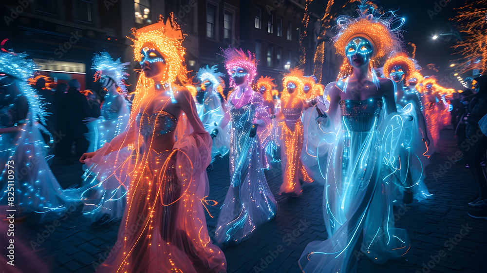 Obraz premium A night-time Halloween parade with people in glowing, neon costumes, eerie makeup, and accessories