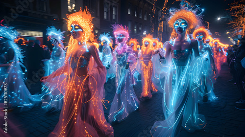  A night-time Halloween parade with people in glowing  neon costumes  eerie makeup  and accessories