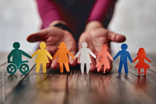 A hand is holding a group of paper people, including a person in a wheelchair. The people are of different colors and sizes, and they are all holding hands. Concept of unity and inclusivity