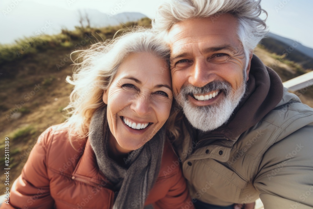 Fototapeta premium A couple of older people are smiling and posing for a picture. The woman is wearing a red jacket and scarf, while the man is wearing a green jacket. Scene is happy and lighthearted