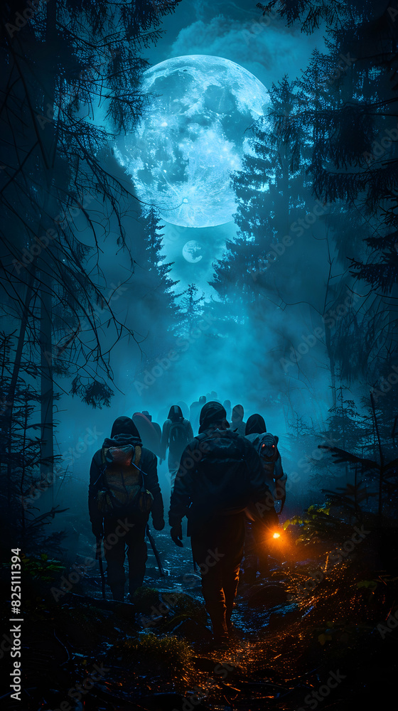 A spooky forest setting with a group of friends, highlighted by a full moon and eerie fog A spooky forest setting with a group of friends, highlighted by a full moon and eerie fog