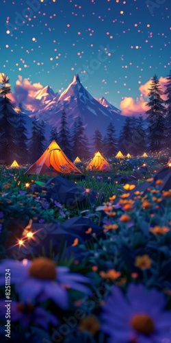 A beautiful landscape with a campground with tents