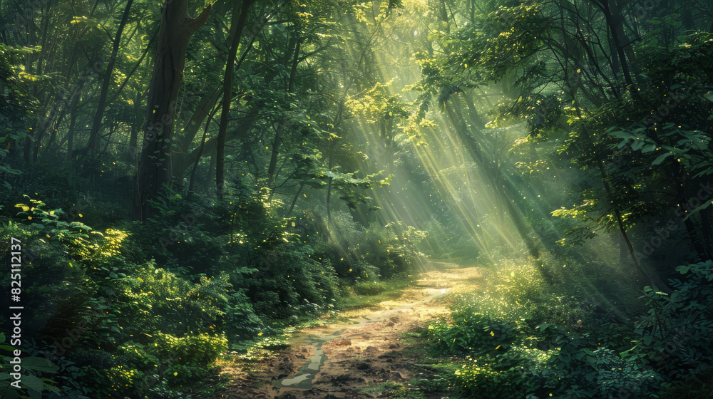 A winding path through a dense forest, with sunlight streaming through the leaves and creating a magical atmosphere.