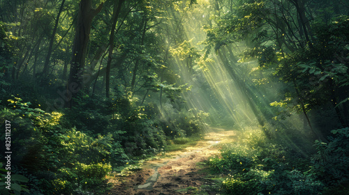 A winding path through a dense forest  with sunlight streaming through the leaves and creating a magical atmosphere.