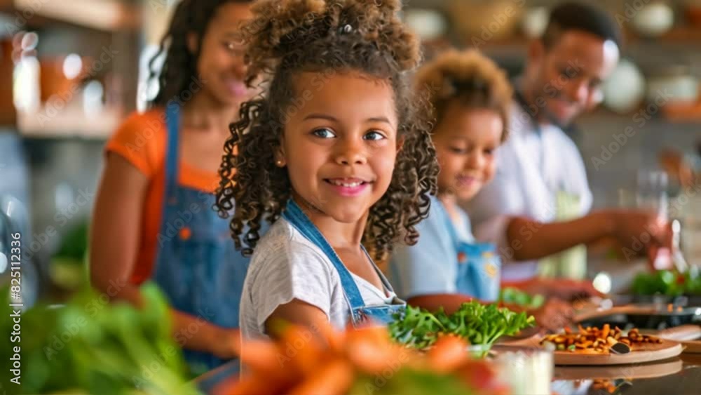 A lively family cooking session in a bright, modern kitchen, children helping with ingredients, parents guiding and everyone laughing, capturing the joy of cooking together