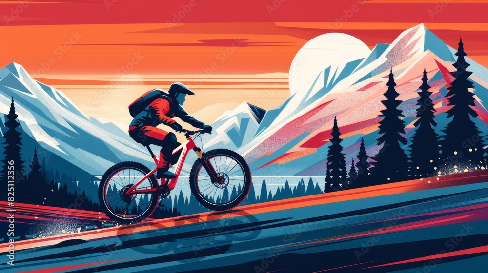 Mountain Biking flat design front view off-road cycling theme cartoon drawing Tetradic color scheme