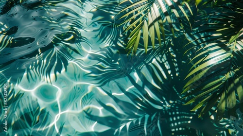Elegant tropical leaves shadow on the surface of light filled water waves