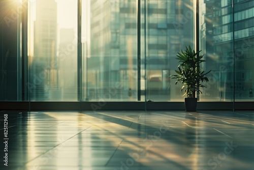 Modern Corporate Office Lobby with Glass Walls  Reflective Floor  and Potted Plant