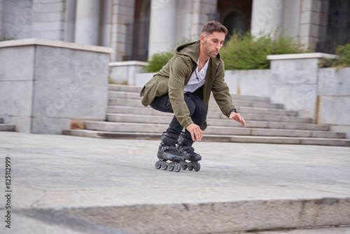 Handsome young man roller skating outdoors. Recreational activity photo