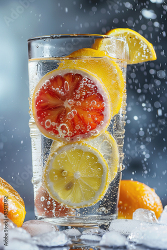 citrus fruits in a glass of ice water photo