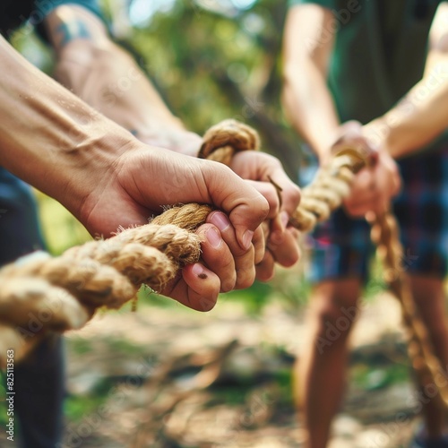  team participant in outdoor team building activity , teamwork and coordination