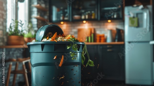 Trash bin for composting with leftover from kitchen. copy space. Recycling scarps concept. Sustainable and zero waste lifestyle