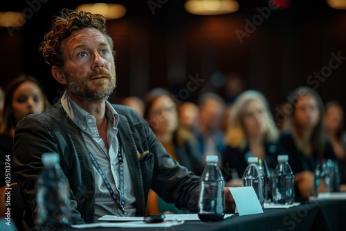 A man with a beard and glasses is sitting at a table with other people photo