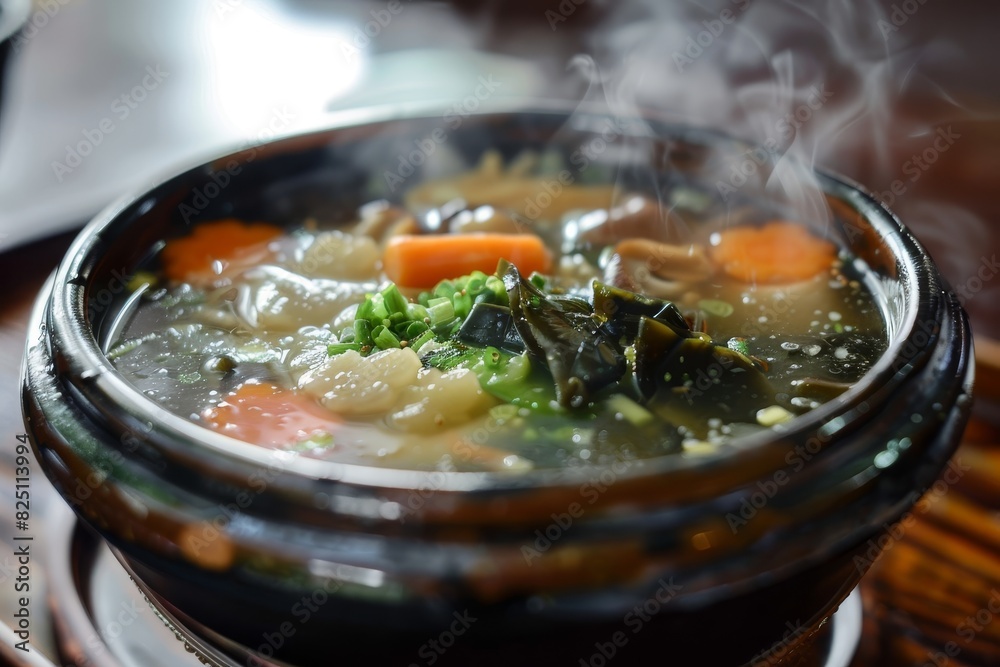 Steaming Traditional Japanese Hot Pot with Vegetables in Ceramic Bowl