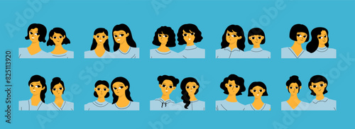 Set of cute girlish faces. Collection of female smiling couples. Two girls take a selfie. Flat cartoon design.