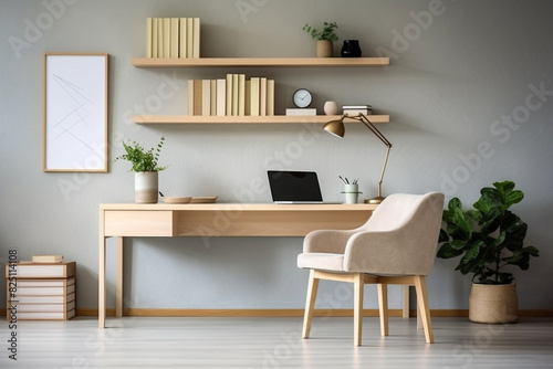 A simplistic home office setup featuring a light-hued desk  a clean-lined chair  and floating shelves exhibiting an assortment of colorful books and tasteful decor.