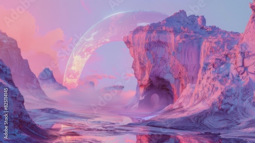 Escapism aesthetic  background.Desert valley with sand dunes and mountains scene. Sunset soft light. Surrealism atmospheric installation of magic pink arch. Loneliness escape feeling.