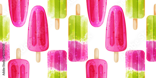 Vector seamless border with  bright pink and green ice cream. Watercolor summer pattern for cafe design, wrapping paper, gift