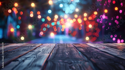 A rustic wooden table where the road vanishes beneath a cascade of soft, colorful neon bokeh lights.