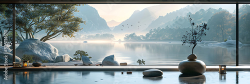 serene printable mural of a tranquil riverbank perfect for enhancing the walls of a yoga studio's meditation room creating a serene and peaceful space for practitioners to find inner calm photo