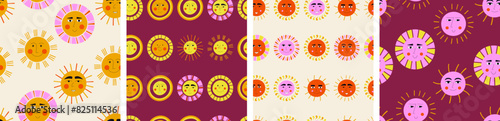 Pack of four patterns, joyous suns. Endless print, comic sun figure, cute creative surface design. photo