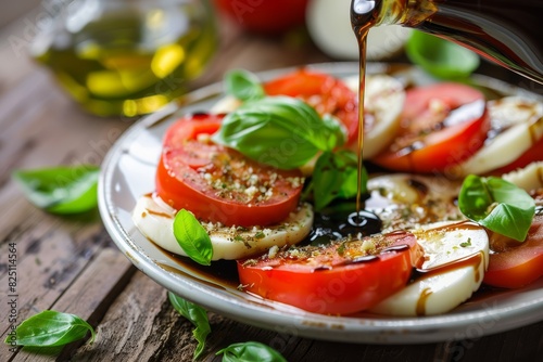 Fresh Caprese Salad with Balsamic Vinegar Drizzle and Basil Leaves