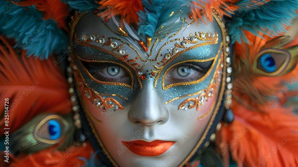 Elaborate masquerade halloween masks adorned with vibrant feathers and sparkling jewels captured in close-up photography using a DSLR camera with a macro lens, allowing for crisp detail