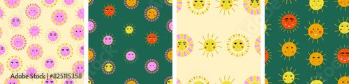 Set of four patterns, cheery suns. Seamless texture, summer sun, simple design for branding, fabric.