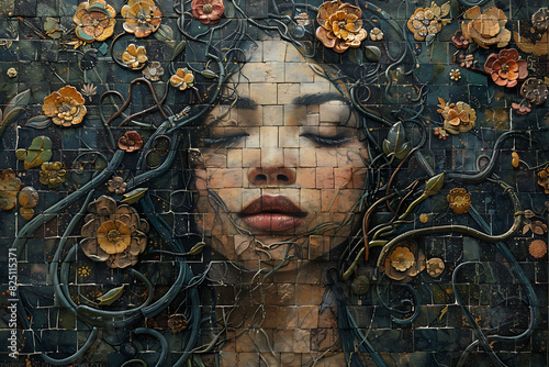 spellbinding mural of a mythical Medusa her serpentine locks entwined with vines and flowers captivating all who gaze upon her photo