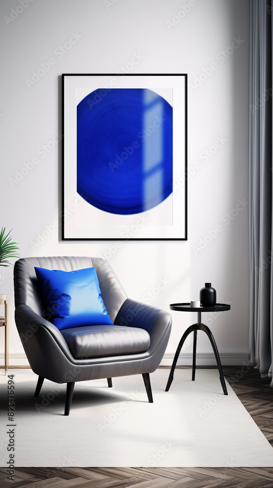 A sleek and modern living room with cobalt blue accents, a black leather armchair, and a blank white frame mockup hanging on a gallery wall of black and white photographs. A sleek and modern living room with cobalt blue accents, a black leather armchair, and a blank white frame mockup hanging on a gallery wall of black and white photographs.