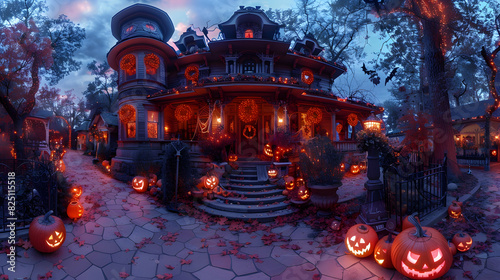 Haunted mansion adorned with vibrant decorations and eerie lights  captured with fisheye lens photography using a mirrorless camera