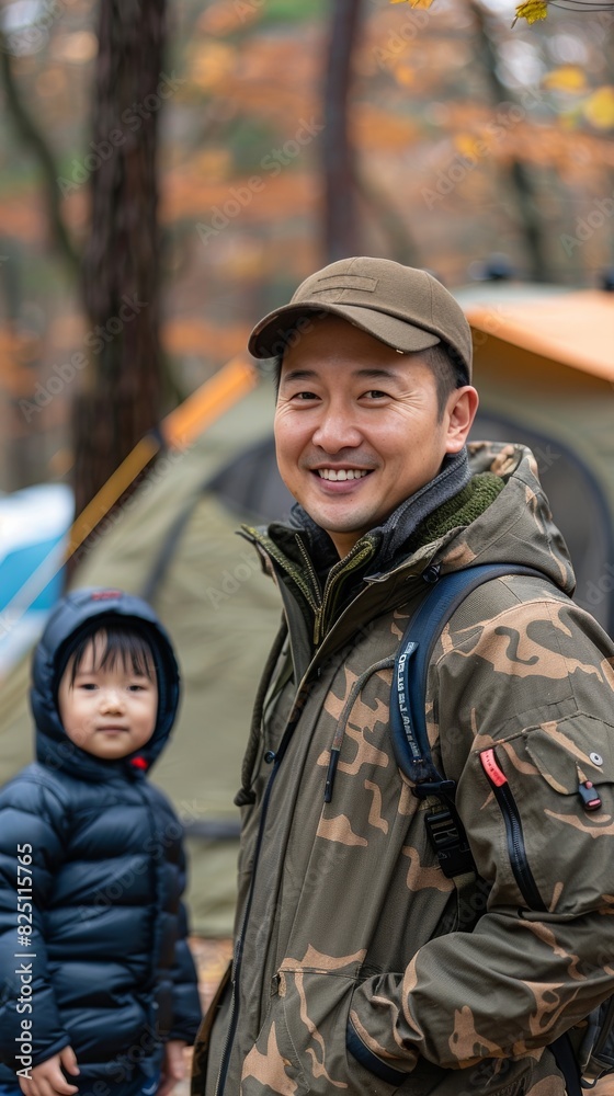 A man and a child are standing in front of a tent