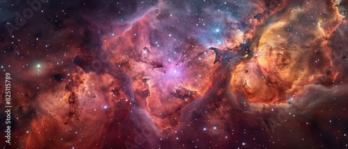 Galaxy core softly illuminating a surrounding nebula, showcasing a ballet of cosmic colors