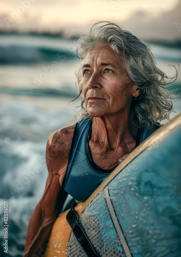 Experienced Surfer Reflecting on the Last Days of Summer Elderly Person with Grey Hair Holding Surfboard by the Ocean Wallpaper Digital Art Poster Brainstorming Map Magazine Background Cover