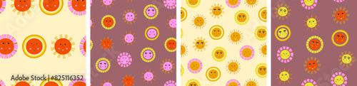 Four repeatable patterns, laughs suns. Endless background, colorful smiling face, colorful vector simple elements. photo
