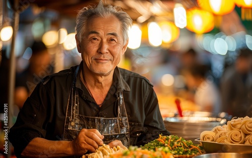 A man in a black apron is smiling at the camera while standing in front of a tab