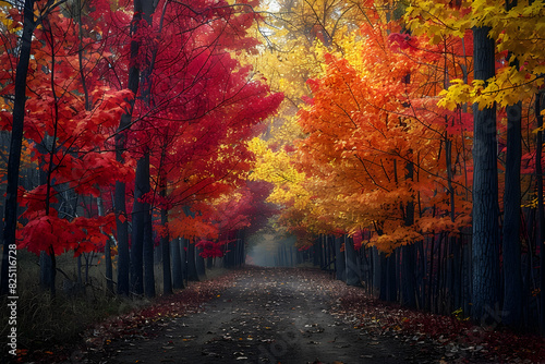 Trees ablaze with the fiery colors of autumn captured in vibrant HDR (High Dynamic Range) photography, as sunlight filters through the canopy and illuminates the landscape