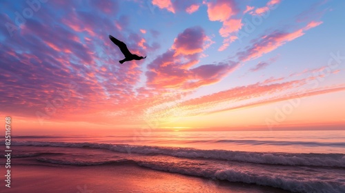 A stunning beach sunrise scene with a lone seabird flying across the sky  its silhouette highlighted against the vibrant colors of the dawn sky.
