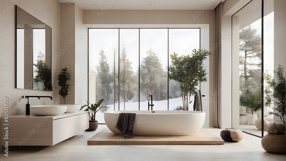 A modern and minimal bathroom interior with bathtub. A modern and minimal bathroom interior with bathtub.