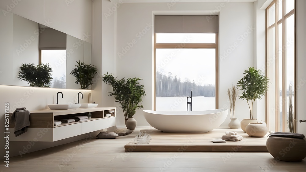 Fototapeta premium A modern and minimal bathroom interior with bathtub.