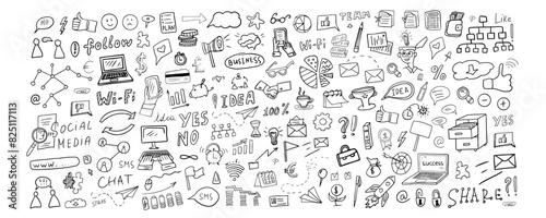 Large set of hand drawn business elements. Office. Doodle style. Hand drawn vector illustration EPS10. Great for banner, posters, cards, stickers and professional design.