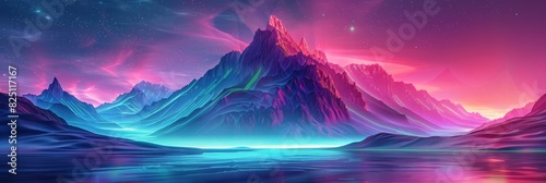 A surreal scene featuring a neon fantasy mountain, lake, and night sky. This abstract panoramic background showcases rocky mountains and glowing neon lines, creating a dynamic landscape with a floatin photo