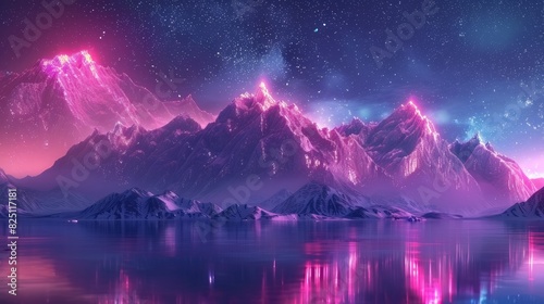 A surreal scene featuring a neon fantasy mountain, lake, and night sky. This abstract panoramic background showcases rocky mountains and glowing neon lines, creating a dynamic landscape with a floatin photo