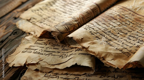 Ancient-looking scrolls with handwritten text. The scrolls appear aged with some discoloration and damage, suggesting they are very old